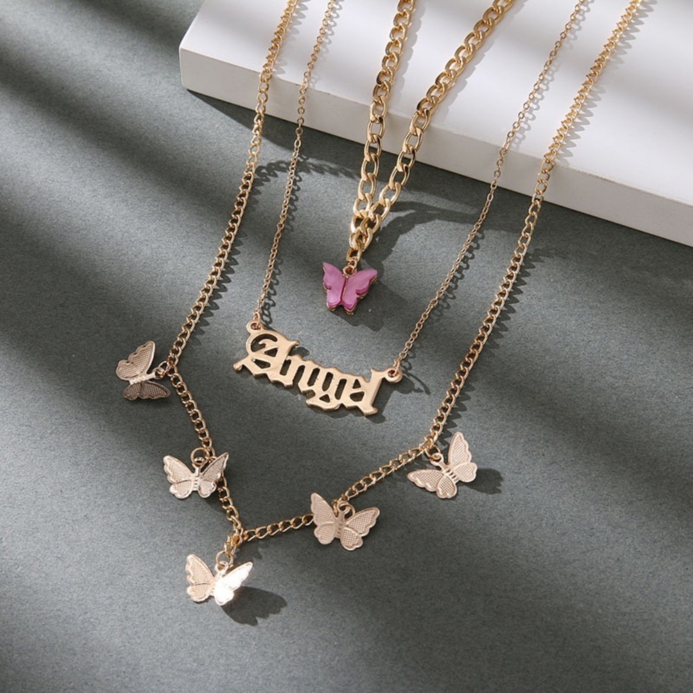 Gold Butterfly Layered Necklace with Pink Accent - Picture 3 of 3